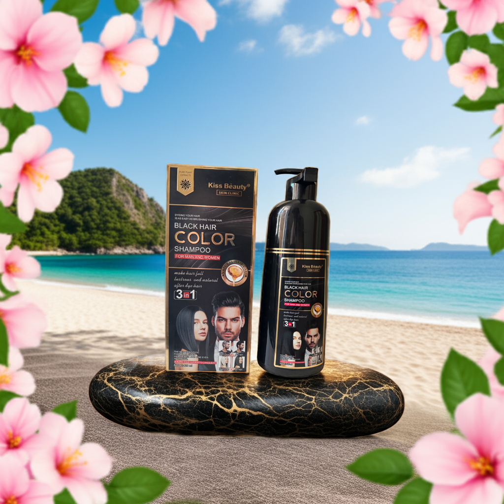 Shampoo Colorante Negro 3 en 1 – Kiss Beauty (Sin Amoniaco, 420ml)
